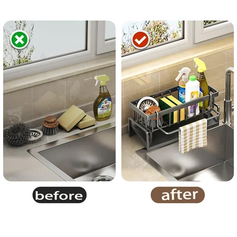 Escurridor de fregadero de acero inoxidable, soporte para grifo de almacenamiento de esponja, escurridor de jabón, toallero, organizador de estante, accesorios de cocina-shelf organizer, kitchen accessories
